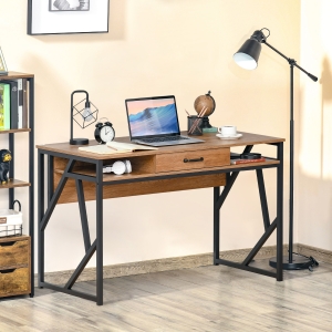 HOMCOM 47.25 Inches Home Office Computer Writing Desk, Corner Workstation, Laptop Table with Steel Leg, Drawer and Storage Shelf for Living Room, Bedroom, Study, Brown and Black