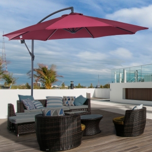 Outsunny Φ10’ Deluxe Patio Umbrella Outdoor Market Parasol Banana Cantilever Hanging Offset Sunshade (Wine Red)