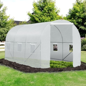 Outsunny 14.8x6.6x6.6ft Walk-in Tunnel Greenhouse Portable Garden Plant Growing Warm House with Door and Ventilation Window, White