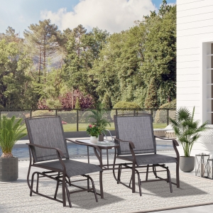 Outsunny Durable Double Patio Glider Chair w/ Center Table Outdoor Comfortable High Back Armchair Set Sling Fabric Garden Bench w/ Glass Top Table, Grey