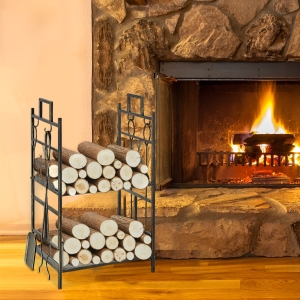 Outsunny 2-Layer Heavy Duty Firewood Rack Wood Log Fireplace Stacker w/ 4 Tools Gold