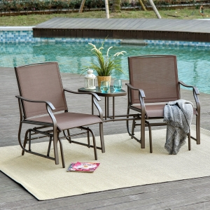 Outsunny Durable Double Patio Glider Chair w/ Center Table Outdoor Comfortable High Back Armchair Set Sling Fabric Garden Bench w/ Glass Top Table, Brown
