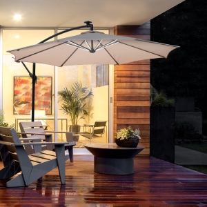 Outsunny 10ft Cantilever Solar Hanging Offset Umbrella LED Lights Market Parasol Crank w/Cross Beige