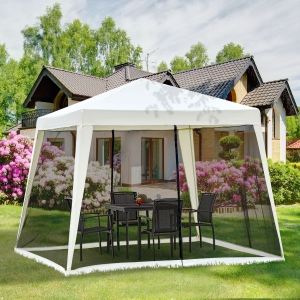 Outsunny 10x10ft Gazebo Tent w/ Netting Patio Canopy Outdoor Party Activity Sun Shade Garden Sun Shelter w/ Mesh Screen Walls Slant Leg Beige