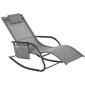 Outsunny Outdoor Rocking Chair, Patio Sling Sun Lounger, Pocket, Recliner Rocker, Lounge Chair with Detachable Pillow for Deck, Garden or Pool, Grey
