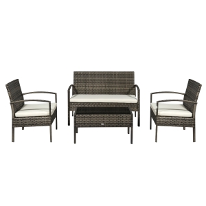 Outsunny Patio Porch Furniture Sets 4-PCS Rattan Wicker Chair w/ Table Conversation Set for Yard,Pool or Backyard Indoor/Outdoor Use- Cream White