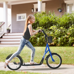 Aosom Kick Scooter for kids Teen Ride On Children Scooter with Adjustable Handlebar 2 Brakes Basket Cupholder Mudguard 16" Inflatable Rubber Tyres Blue