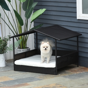 PawHut Wicker Pet House Dog Bed for Outdoor Patio Rattan Pet Furniture with Cushion