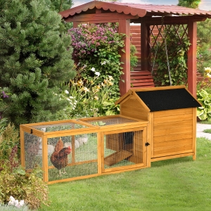 PawHut 2-Tier Chicken Coop, Wooden Hen House, Poultry Habitat Outdoor Backyard with Removable Tray, Nesting Box, Outside Run, Ramp, 71"x36"x31"