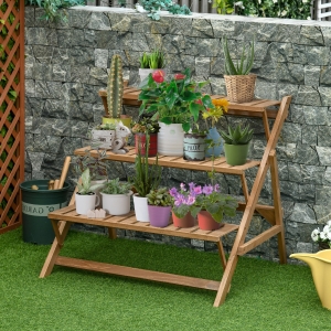 Outsunny 3-tier Ladder Plant Stand Foldable Wood Flower Display Shelf for Outdoor Home Garden, Brown