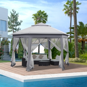 Outsunny Double Roof Hexagon Patio Gazebo Outdoor Instant Shelter Garden Shelter with Netting Grey