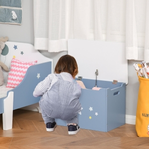 Qaba Kids Wooden Toy Storage Box Organizer Chest with Gas Stay Bar Seating Bench 21.75" x 13.5" x 14" Blue