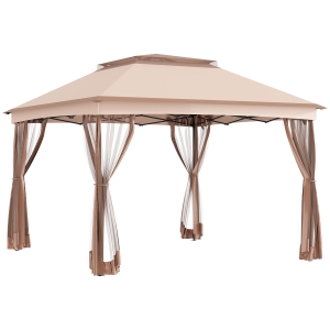 Outsunny 11' x 11' Pop Up Gazebo Outdoor Canopy Shelter with 2-Tier Soft Top, and Removable Zipper Netting, Event Tent with Large Shade, and Storage Bag for Patio, Backyard, Garden, Khaki