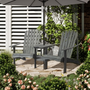 Outsunny 2 piece Pair Adirondack Chair Outdoor Patio Porch Tete-A-Tete Bench w/ Middle Table Reclined Wooden Umbrella hole Grey