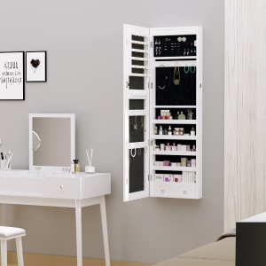 HOMCOM Mirrored Jewelry Cabinet Armoire Organizer Storage w/ Lock 6 Inside LED Lights