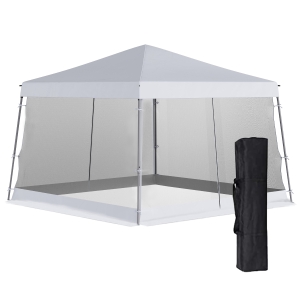 Outsunny 12' x 12' Pop Up Canopy, Foldable Canopy Tent with Carrying Bag, Mesh Sidewalls and 3-Level Adjustable Height for Outdoor, Garden, Patio, Party, White