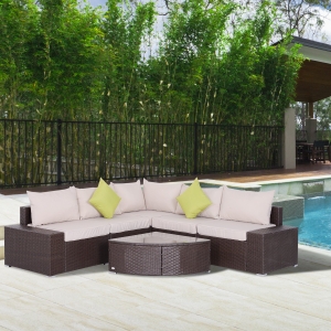 Outsunny 6pcs Outdoor Wicker Sectioanal Set All Weather Wicker Rattan Conversation Coffee Table Chair Garden Reclining Lounging Sofa Set Patio Furniture