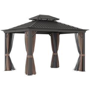 Outsunny 12'x10' Hardtop Gazebo with Aluminum Frame, Permanent Metal Roof Gazebo Canopy with Curtains and Netting for Gardens, Patios, Backyards, Dark Brown