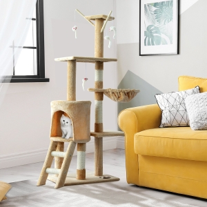 PawHut 52" Multi-Level Cat Tree Kitten Playhouse Kitty Activity Center Scratching Post Rest Condo with Hammock Beige