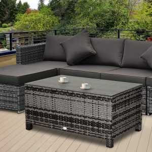 Outsunny Outdoor PE Rattan Wicker Table, Patio Garden Side Table w/ Glass Top for Patio, Balcony, Mixed Grey