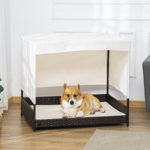 PawHut Wicker Dog House Elevated Pet Bed with Shade Canopy for Medium Large Dogs Indoor Outdoor with Cushion, 36" x 28" x 32"