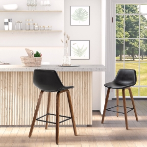 HOMCOM Counter Height Bar stools Set of 2 Mid-Back PU Leather Bar Chairs with Wood Legs, Black