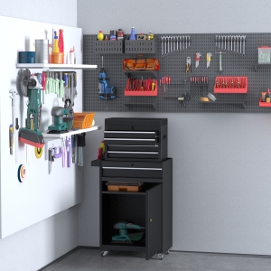 DURHAND Rolling Tool Cabinet 2 in 1 Top Chest Storage Box 5 Drawers with Pegboard and Adjustable Shelf, Black