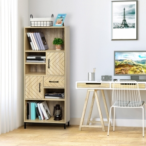HOMCOM Wooden Bookcase W/ Door Cabinets Drawer Open Compartments Study Display Shelf