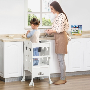 Qaba Kids Kitchen Helper Foldable Step Stool Toddler Kitchen Stool Learning Tower with Blackboard Lockable Handrail for 3-6 Years old White