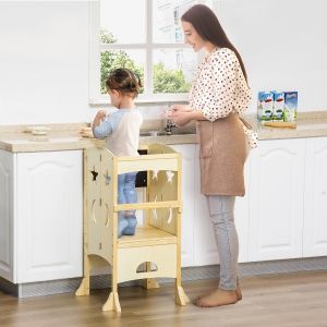 Qaba Kids Kitchen Helper Foldable Step Stool Toddler Kitchen Stool Learning Tower with Blackboard Lockable Handrail for 3-6 Years old Natural