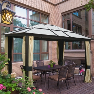 Outsunny 12'L x 10'W Hard Top Gazebo Canopy Sunshelter Waterproof Sun Shade with Sidewalls and Mosquito Netting