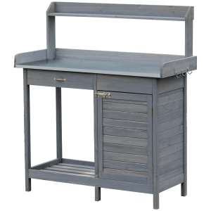 Outsunny Multi-function Potting Bench Table w/ Storage Cabinet & Steel Table Top, Grey