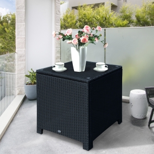 Outsunny Rattan Wicker Side Coffee Table with Glass Top Outdoor Patio Furniture Black