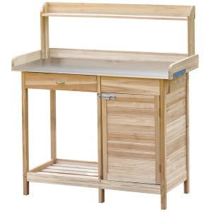 Outsunny Multi-function Potting Bench Table w/ Storage Cabinet & Steel Table Top, Natural