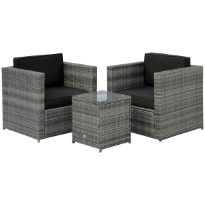 Outsunny 3 Pieces Patio Bistro Set, Outdoor PE Rattan Wicker Porch Furniture W/ Washable Cushion and Tempered Glass Tabletop Coffee Table, Conversation Sofa Set for Garden, Backyard, Balcony, Black