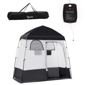 Outsunny Pop Up Shower Tent w/ Two Rooms, Shower Bag, Floor and Carrying Bag, Portable Privacy Shelter, Instant Changing Room for 2 Person, Black