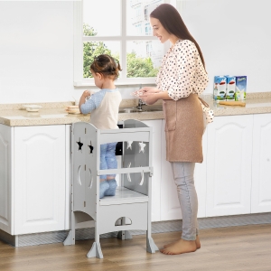 Qaba Kids Kitchen Helper Foldable Step Stool Toddler Kitchen Stool Learning Tower with Blackboard Lockable Handrail for 3-6 Years old Grey