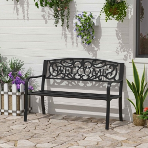 Outsunny 50" 2-Seater Garden Bench, Patio Decorative Chair Metal Backyard Loveseat Outdoor Furniture for Yard, Lawn, Porch, Black