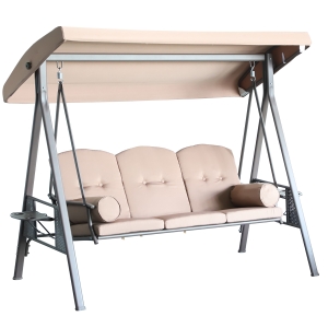 Outsunny Outdoor Patio 3-Person Steel Canopy Cushioned Seat Bench Swing with Included Side Trays & Padded Comfort - Brown