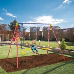 Outsunny Metal Swing Set with 2 Seats Glider A-Frame Stand Adjustable Hanging Rope for Backyard Playground Outdoor Playset for Kid Age 3-8 Years Old 352lbs