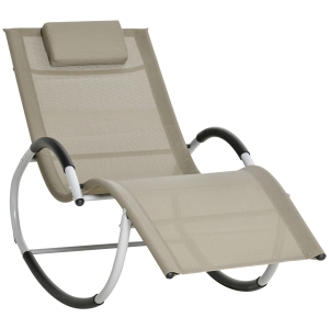 Outsunny Rocking Chair, Zero Gravity Patio Chaise Garden Sun Lounger, Outdoor Reclining Rocker Lounge Chair with Detachable Pillow for Lawn, Patio or Pool, Sand