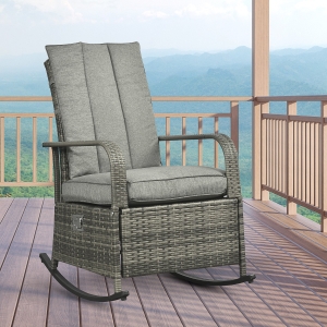 Outsunny Outdoor Rattan Wicker Rocking Chair Patio Recliner with Soft Cushion, Adjustable Footrest, Max. 135 Degree Backrest, Grey