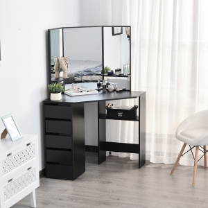 HOMCOM Corner Vanity Table, Makeup Desk with Three-Fold Mirror and 5 Drawers, Black