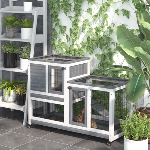 PawHut Wooden Indoor Rabbit Hutch Elevated Cage Habitat with Enclosed Run with Wheels, Ideal for Rabbits and Guinea Pigs, Grey and White