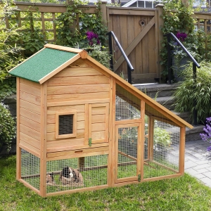 PawHut 58x25x47 Inches Rabbit Hutch Chicken Coop Wooden Poultry Hen House Small Animal Pet Cage with Outdoor Run and Ramp