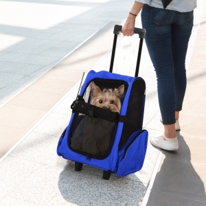 PawHut 4-IN-1 Pet Luggage Box Carrier Cat Dog Backpack Crate Rolling Wheel w/ Removable Stand Blue