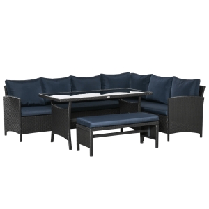Outsunny 4 Pieces Patio Wicker Dining Sets, Outdoor PE Rattan Sectional Conversation Set with Cushions & Dining Table, Bench for Garden, Backyard, Lawn, Dark Coffee