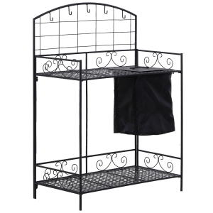 Outsunny Folding Potting Bench Table, Metal Garden Workstation, Work Bench with Large Build-In Bag with Cover, 5 Hanging Hooks & Storage Shelf