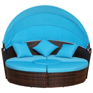 Outsunny 4-Piece Round Convertible Daybed with Cushions, Outdoor PE Rattan Patio Wicker Sofa Set, Sunbed with Adjustable Sun Canopy, Sectional Sofa, 2 Chairs, Table, 3 Pillows, Light Blue