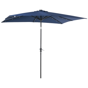 Outsunny 9' x 7' Patio Umbrella Outdoor Table Market Umbrella with Crank, Solar LED Lights, 45° Tilt, Push-Button Operation, for Deck, Backyard, Pool and Lawn, Blue